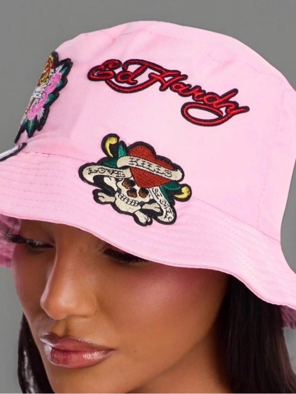 Ed Hardy Pink Bucket Hat Y2K Tiger Skull Heart Nylon Streetwear Unisex